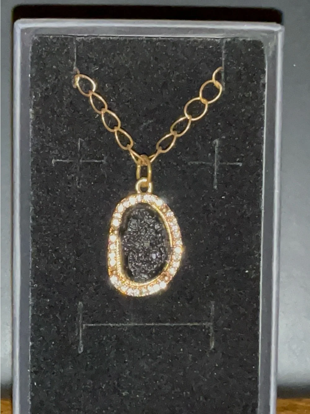 Gold-Tone Black Druzy Pendant Necklace with Crystal Accent